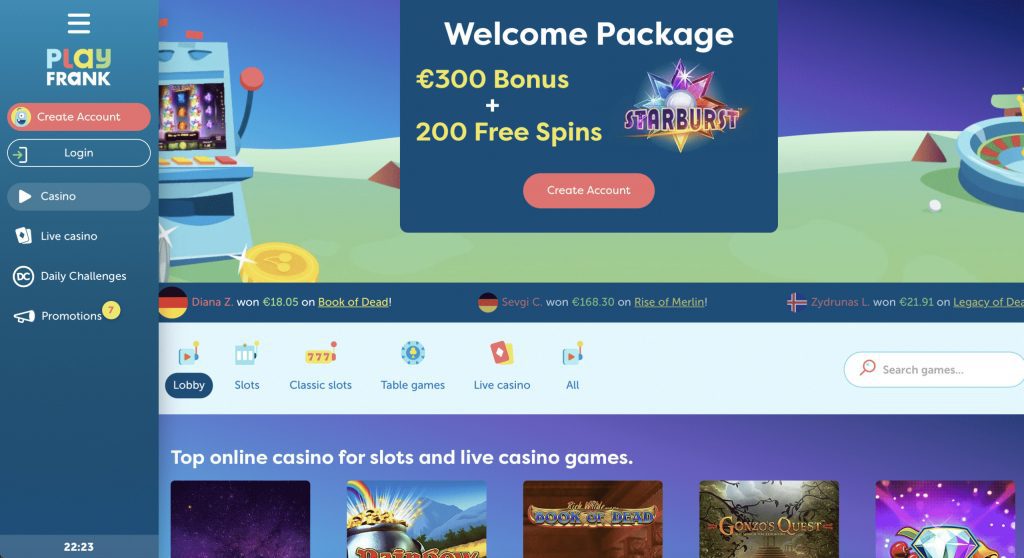 PlayFrank casino website